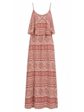 Hug Red & Cream Tribal Print Tiered Ruffle Maxi Dress Womens Size S